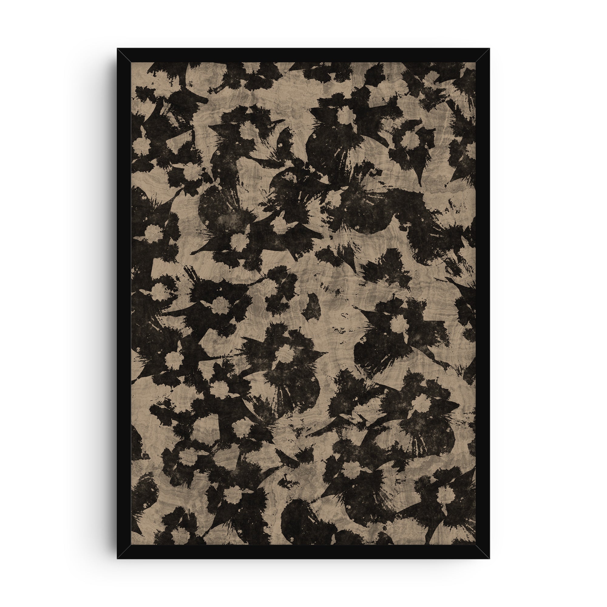 Abstract floral art print featuring distressed black flower silhouettes against an earthy beige background with layered textures. A grunge-inspired botanical wall art design.