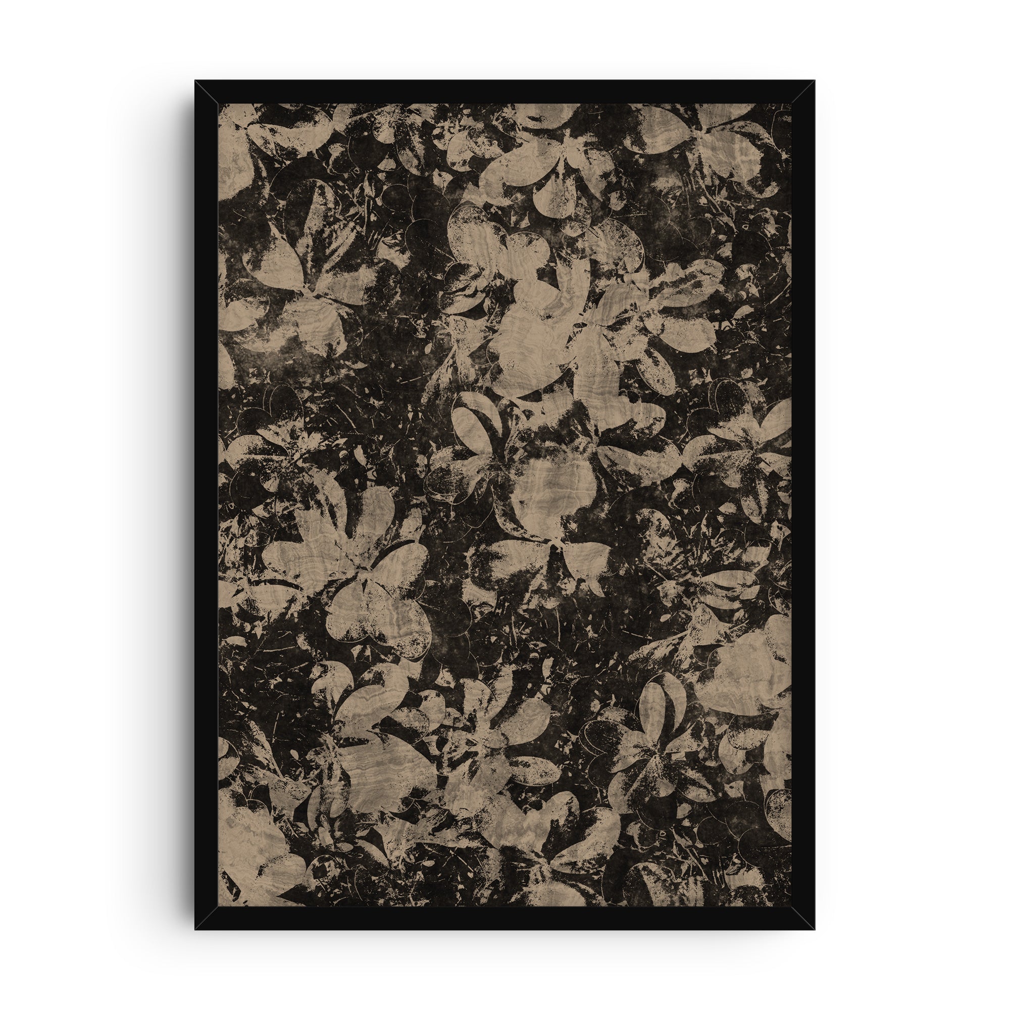 Abstract floral art print featuring layered flower patterns in earthy beige and dark brown tones with distressed grunge textures. A contemporary botanical wall art piece with a bold, artistic feel.