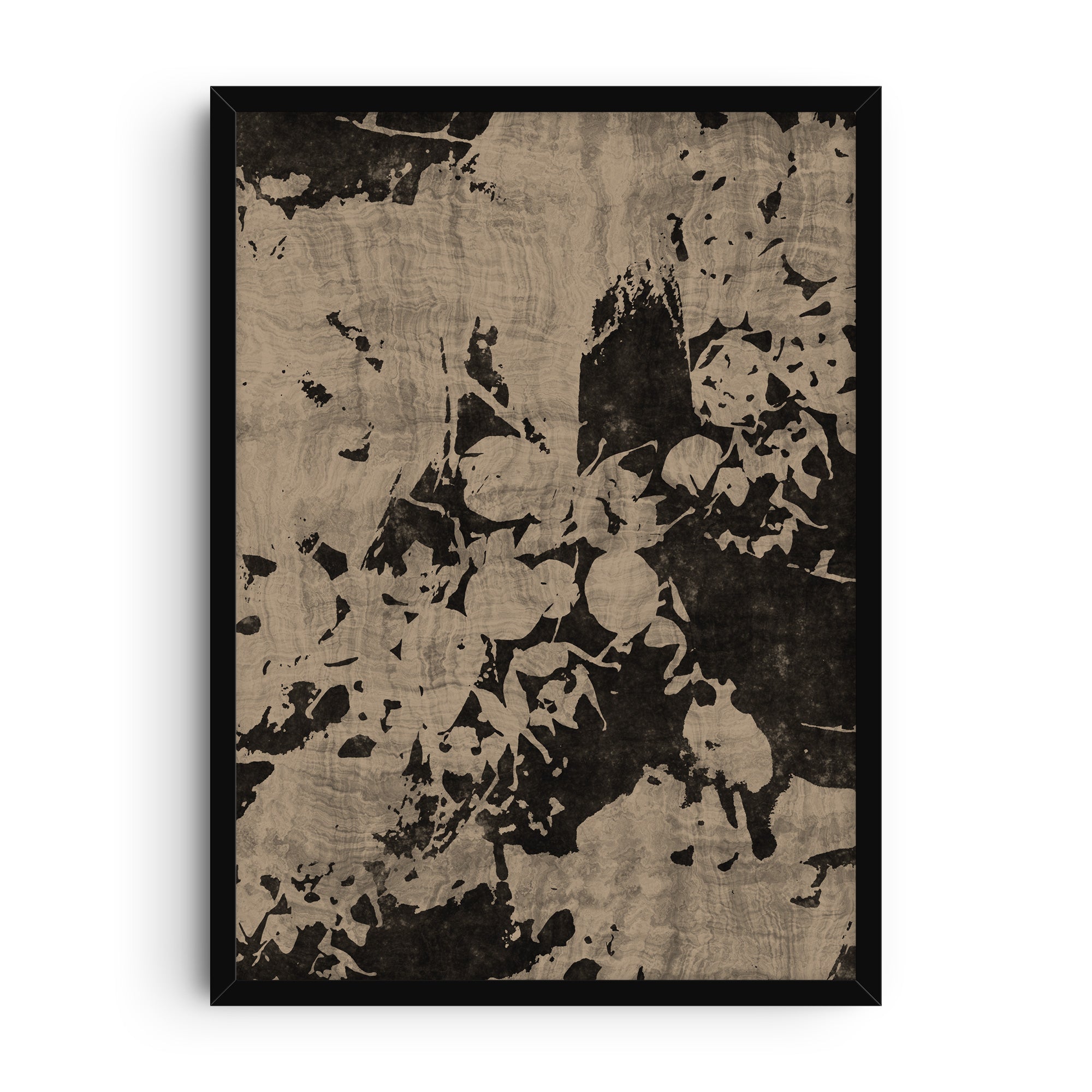 Abstract floral pattern in black and beige with textured grunge-style background, blending organic botanical shapes with raw minimalism.