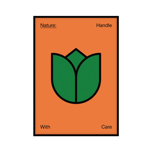 Poster with an orange background featuring a minimalist illustration of a green flower with black outlines in the center. Also features following text: Nature Handle With Care.