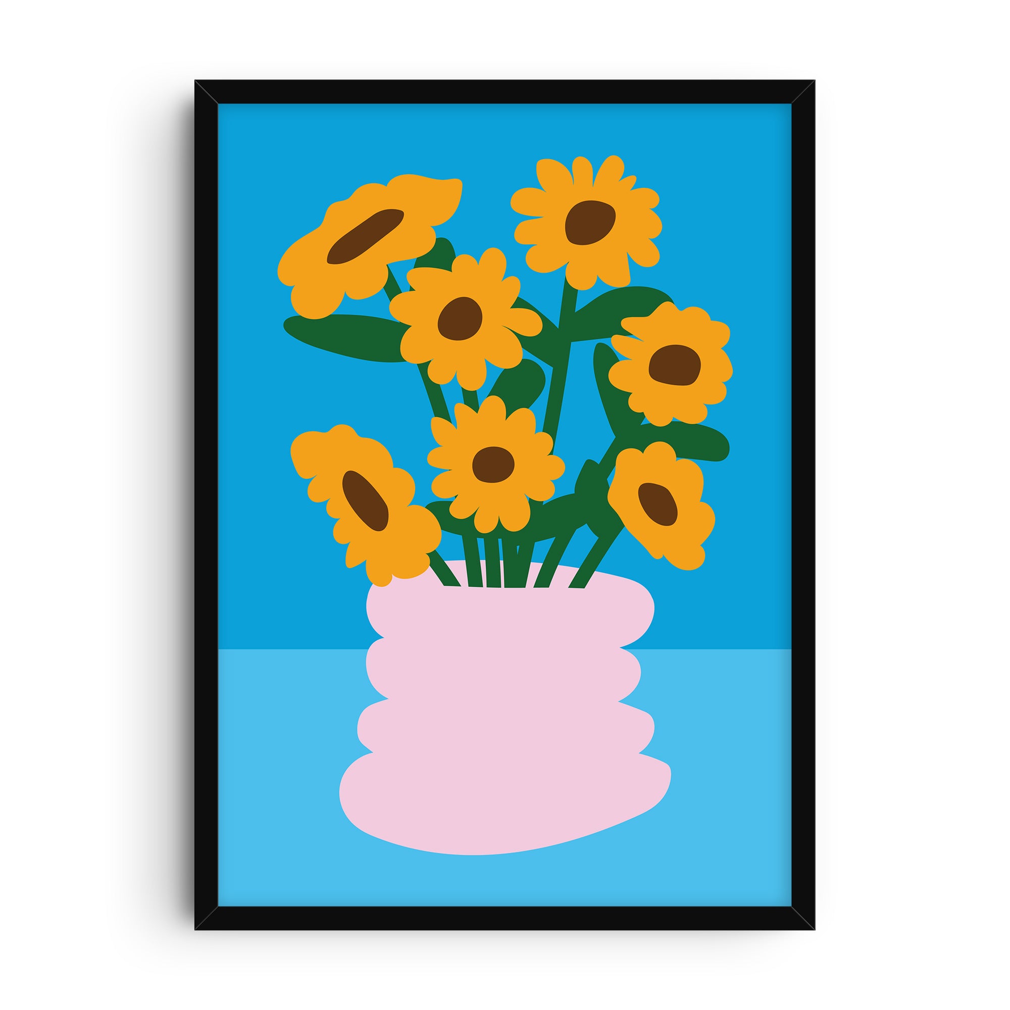Minimalist art print of yellow flowers in a pink vase on a blue background, modern floral design with bold color blocks and simple geometric shapes.
