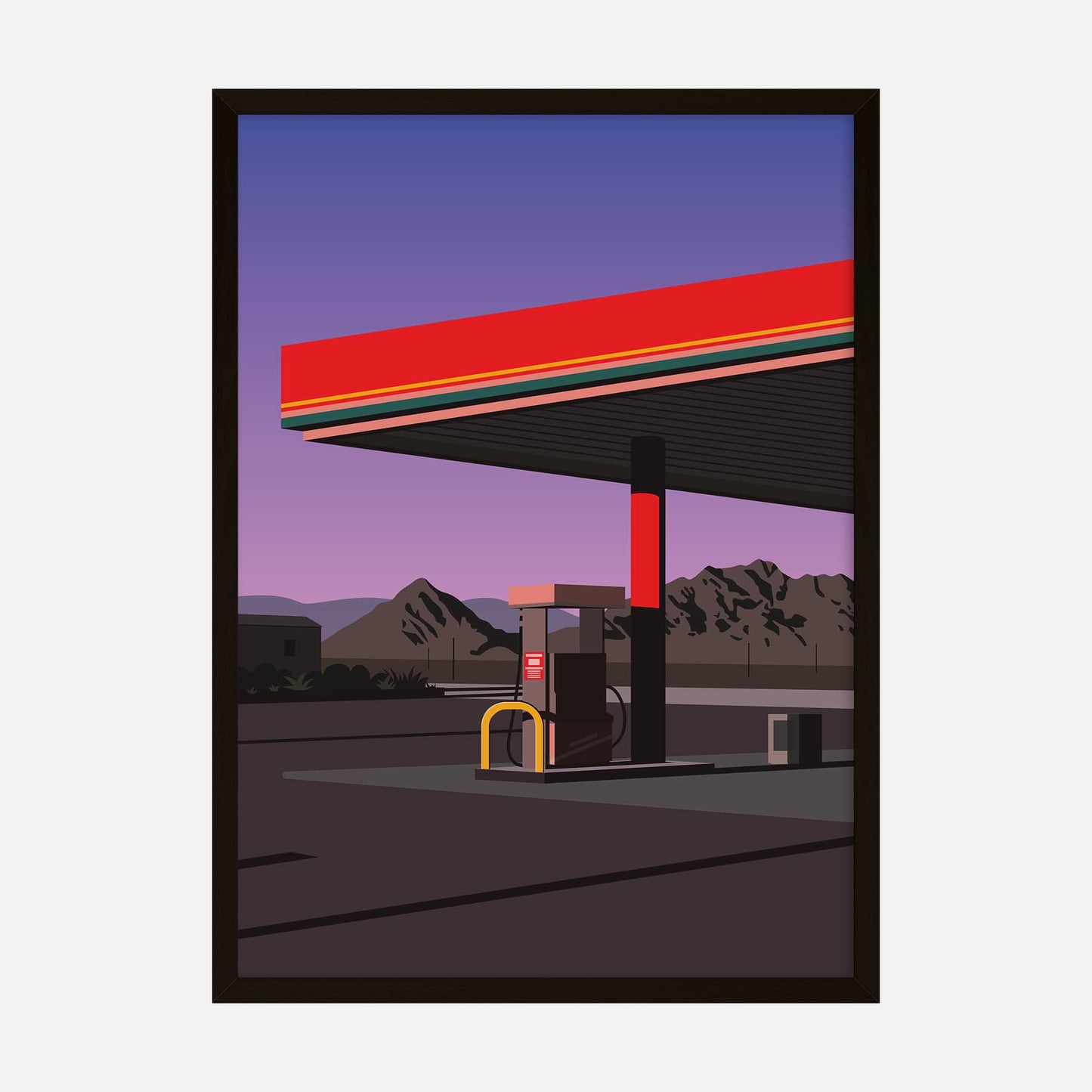 Minimalist art print of a gas station at dusk with a purple sky and desert mountains in the background, featuring bold colors and a retro aesthetic.