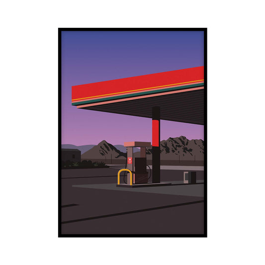 Poster with an illustration of a gas station in the foreground, set against a background of mountain ranges and a sky with a gradient from blue to purple.