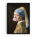 Modern pop art remix of a classic portrait featuring a girl with a pearl earring blowing pink bubblegum.