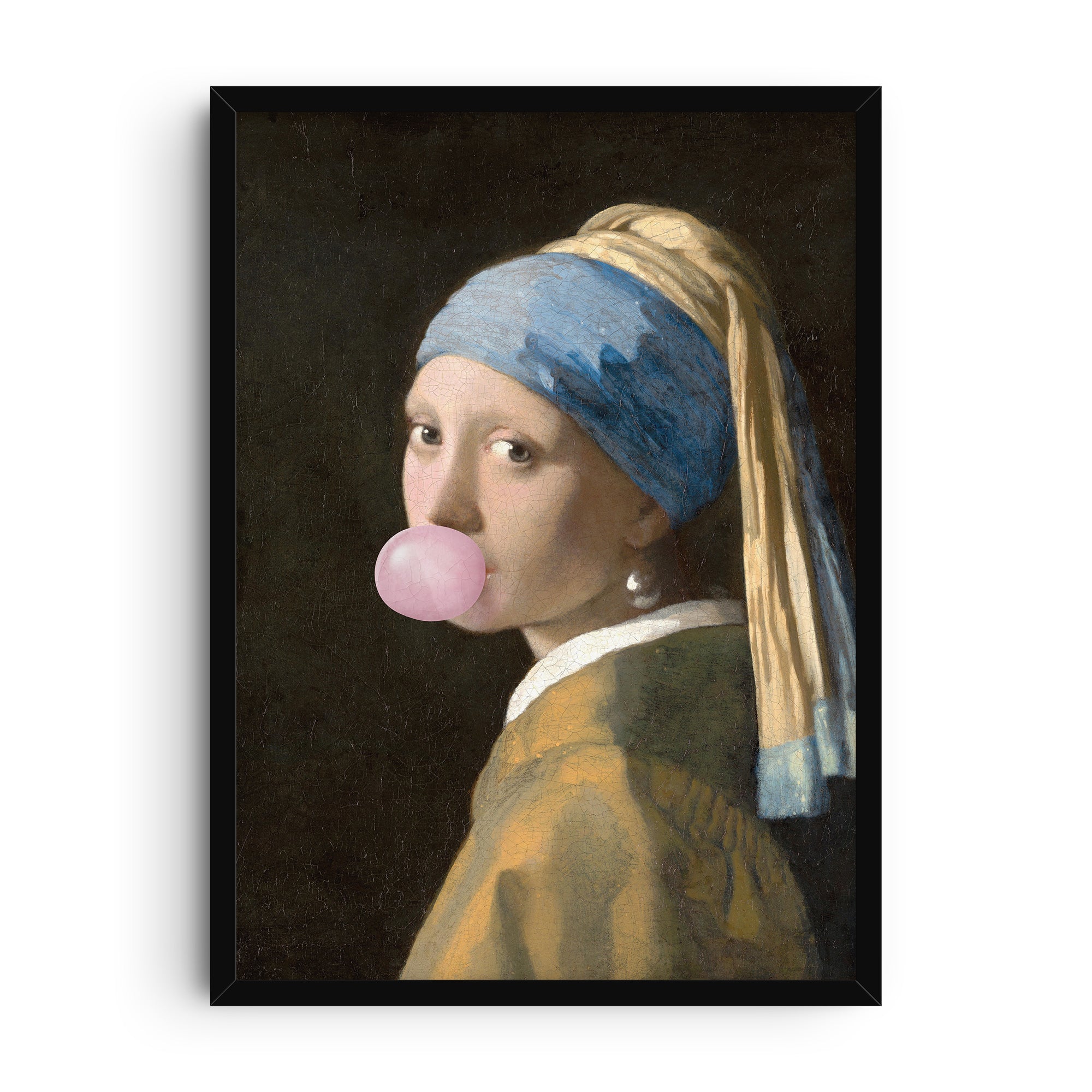 Modern pop art remix of a classic portrait featuring a girl with a pearl earring blowing pink bubblegum.