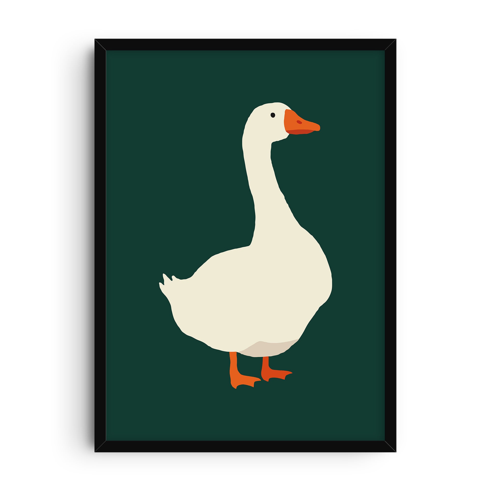 Minimalist hand-drawn goose illustration with orange beak and feet on a dark green background.