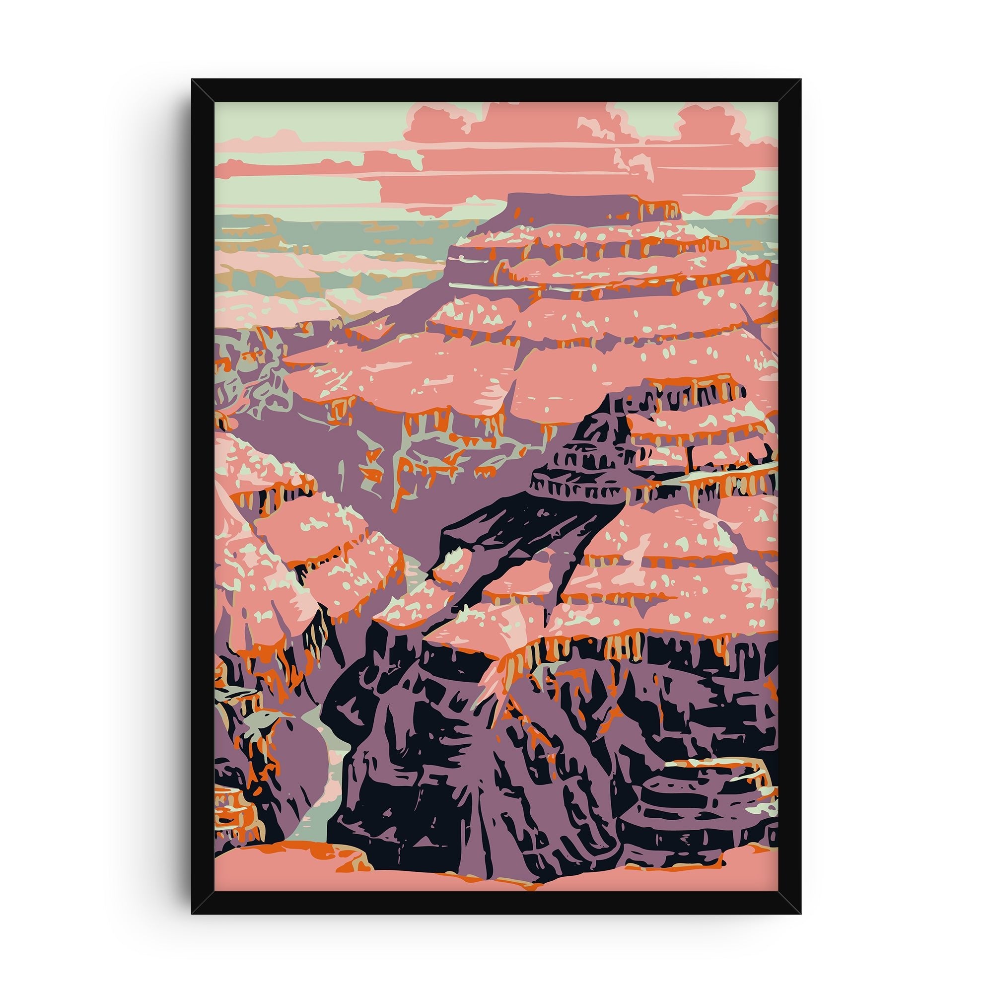 Minimalist abstract illustration of the Grand Canyon featuring layered cliffs in pink, purple, and orange tones with a river cutting through the canyon, graphic flat style landscape art.
