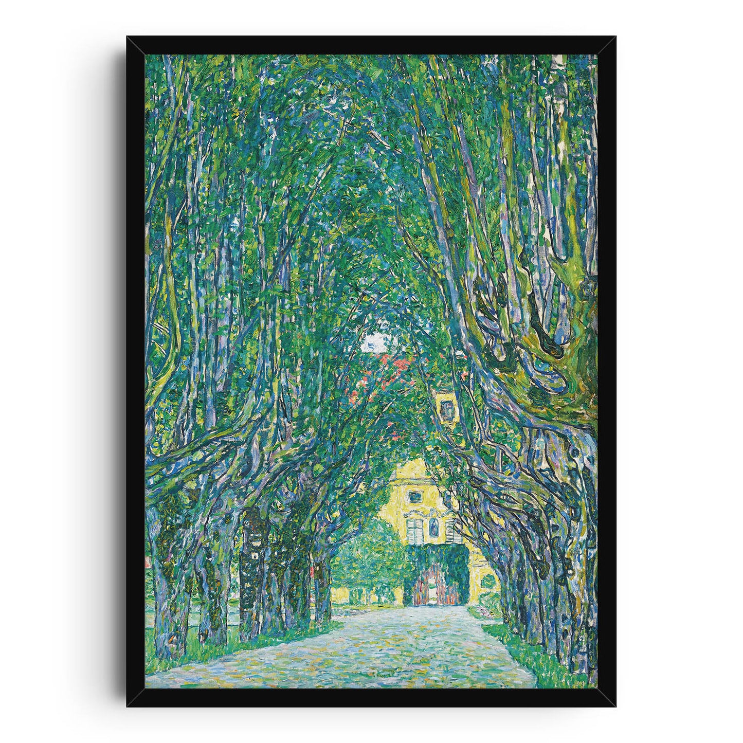 Art print featuring painting by Gustav Klimt depicting a tree-lined pathway in Schloss Kammer Park, leading to a yellow building with vibrant green and blue hues.