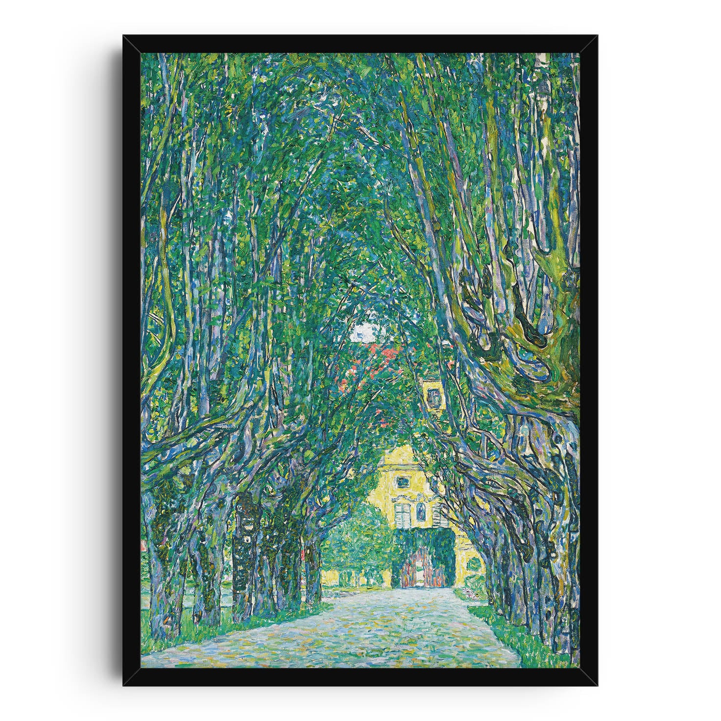 Art print featuring painting by Gustav Klimt depicting a tree-lined pathway in Schloss Kammer Park, leading to a yellow building with vibrant green and blue hues.