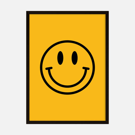 A yellow poster featuring a bold black happy face design, perfect for adding a touch of positivity to any space.