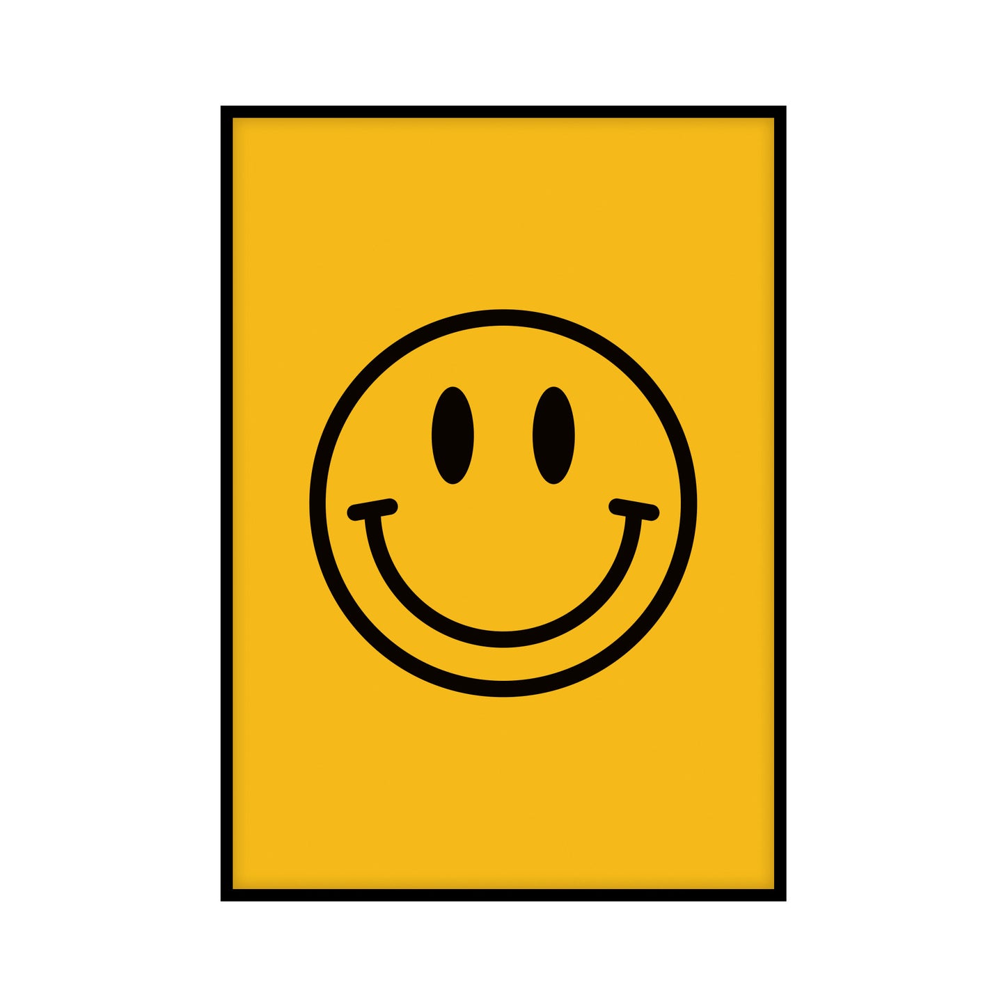 A minimalist poster featuring a yellow happy face with a black outline on a bright yellow background, designed in a modern pop art style.