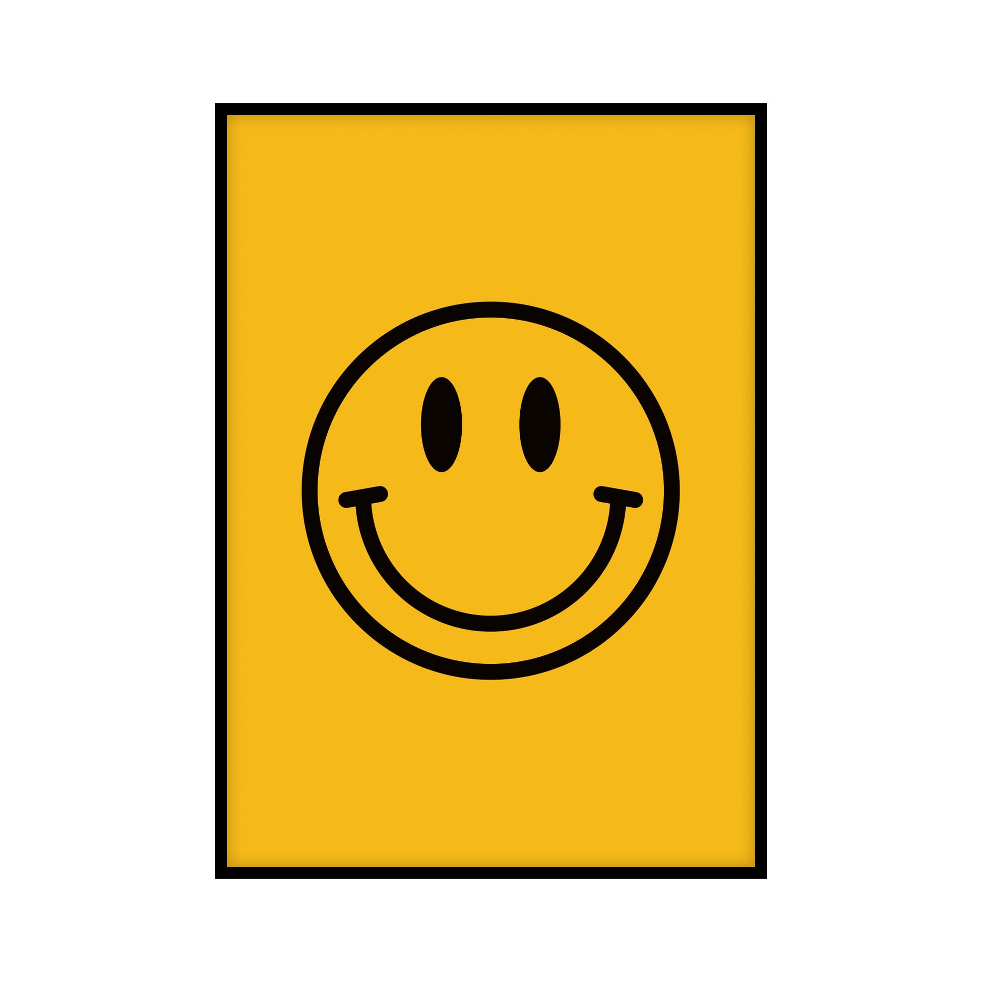 A minimalist poster featuring a yellow happy face with a black outline on a bright yellow background, designed in a modern pop art style.