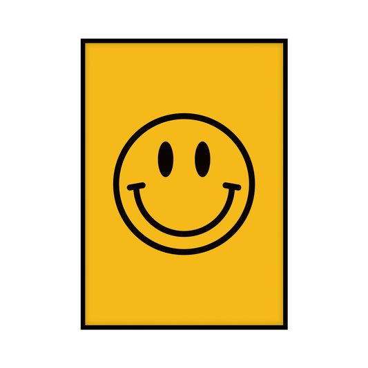 A minimalist poster featuring a yellow happy face with a black outline on a bright yellow background, designed in a modern pop art style.