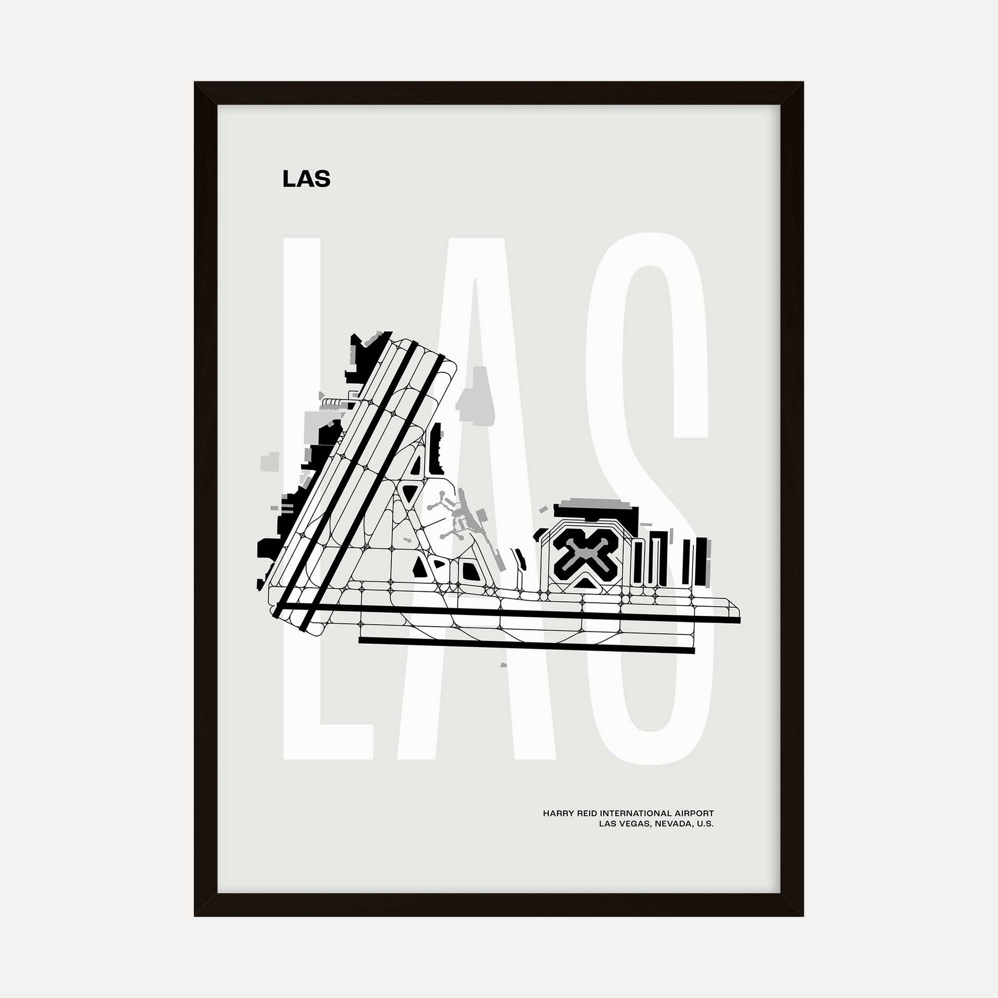 Minimalist black-and-white map art print of Harry Reid International Airport (LAS) in Las Vegas, Nevada, framed and ready to display.