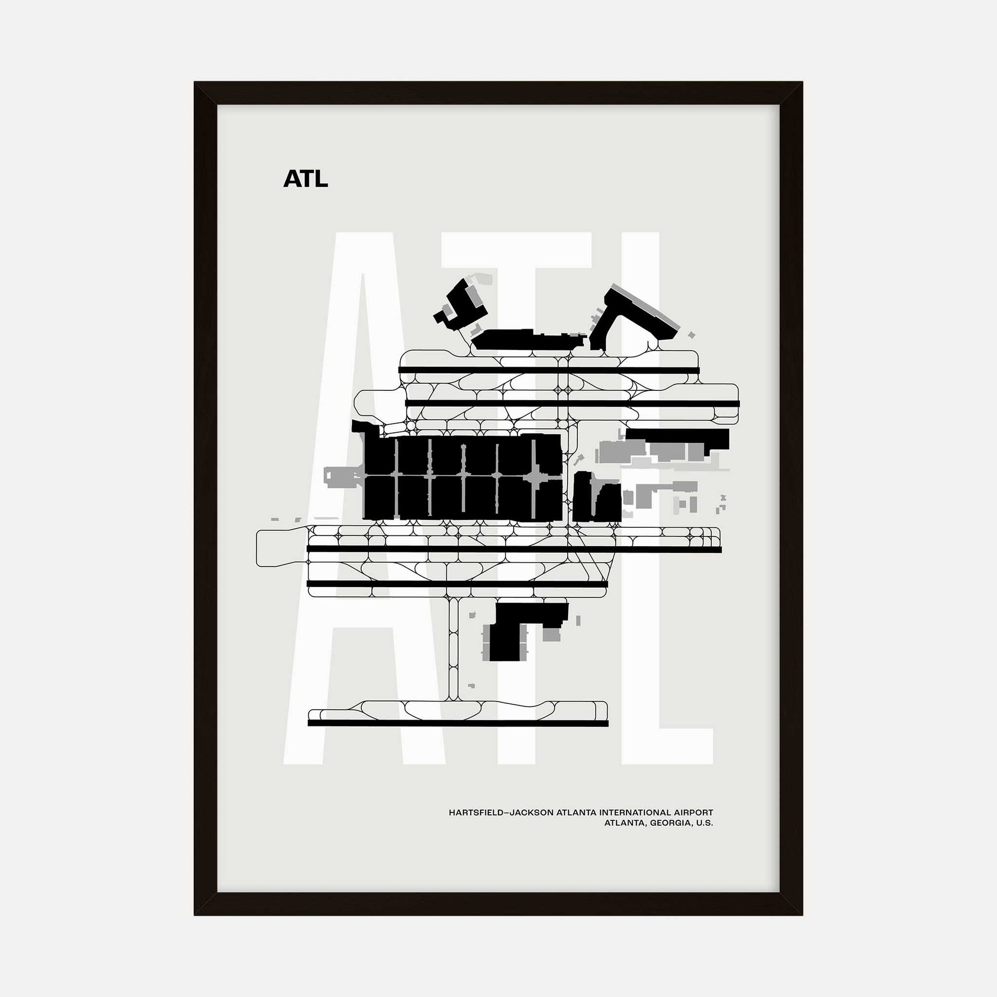 Minimalist art print of Hartsfield-Jackson Atlanta International Airport layout with black architectural details on a light background, labeled 'ATL'.