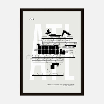 Minimalist art print of Hartsfield-Jackson Atlanta International Airport layout with black architectural details on a light background, labeled 'ATL'.