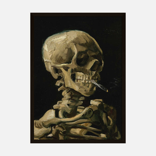 Art print of Vincent van Gogh’s Head of a Skeleton with a Burning Cigarette, showcasing a skeleton with a cigarette.