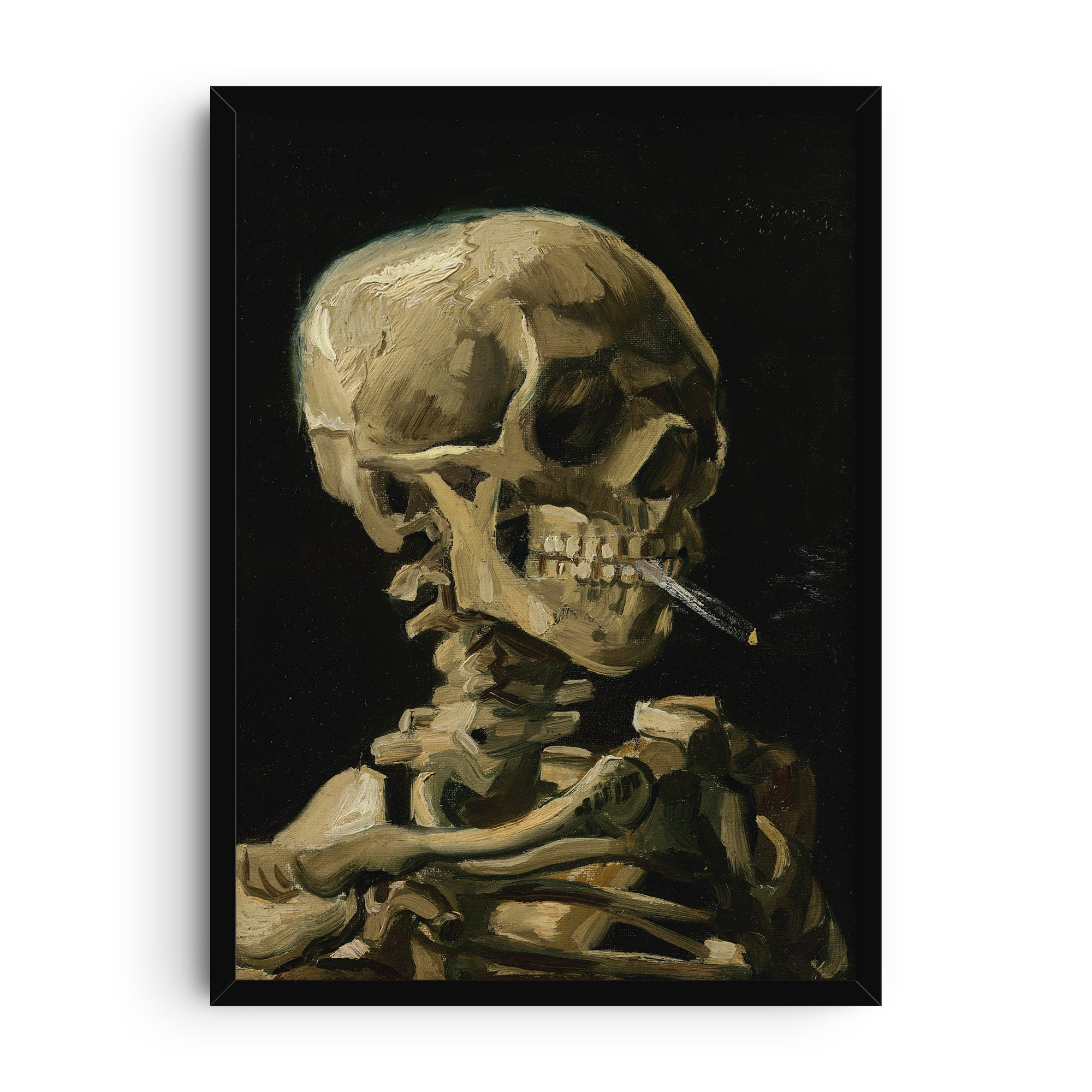 Art print of Vincent van Gogh’s Head of a Skeleton with a Burning Cigarette, showing a painted skeleton head with a lit cigarette against a dark background.