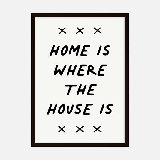 Minimalist art print with the phrase 'Home Is Where the House Is' in modern typography.