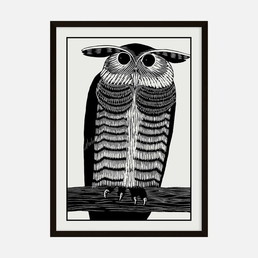 Black and white illustration of a horned owl art print, wildlife-themed wall decor.