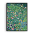 Reproduction print of Gustav Klimt’s painting “Italian Garden Landscape” showing a lush green garden with blooming pink, orange, and purple flowers in impressionist brushstrokes.