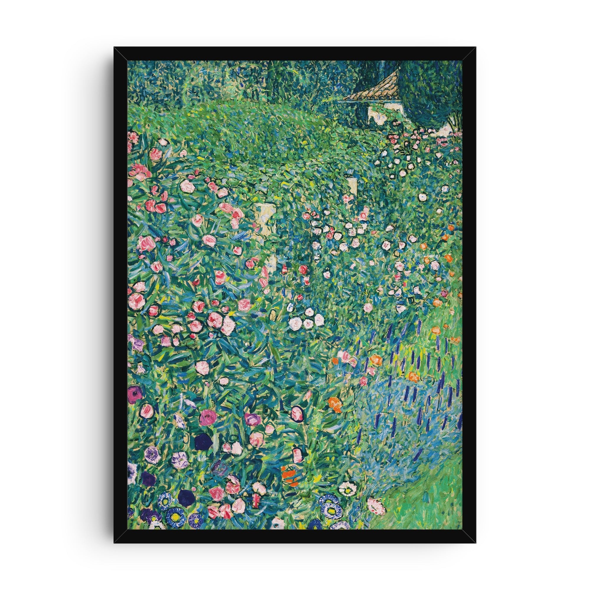 Reproduction print of Gustav Klimt’s painting “Italian Garden Landscape” showing a lush green garden with blooming pink, orange, and purple flowers in impressionist brushstrokes.