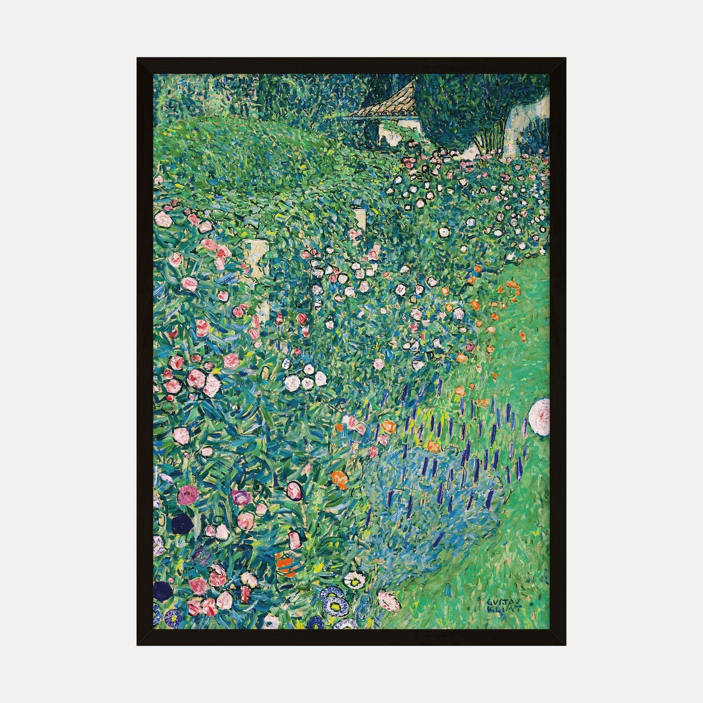 A vibrant art print of Gustav Klimt’s "Italian Garden Landscape" featuring a lush garden with blooming flowers and greenery, in a classic impressionist style.