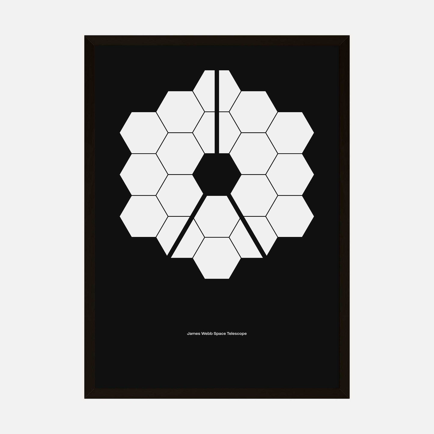 Minimalist art print featuring the iconic hexagonal mirror arrangement of the James Webb Space Telescope, in black and white.