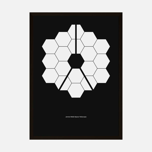 Minimalist art print featuring the iconic hexagonal mirror arrangement of the James Webb Space Telescope, in black and white.