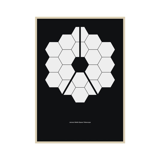 Poster with a minimalist white geometric illustration of the James Webb Space Telescope on a dark background, capturing the essence of NASAs groundbreaking telescope in a sleek and modern design.