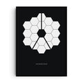Minimalist graphic print of the James Webb Space Telescope mirror design showing white hexagonal segments arranged in a geometric pattern on a black background.