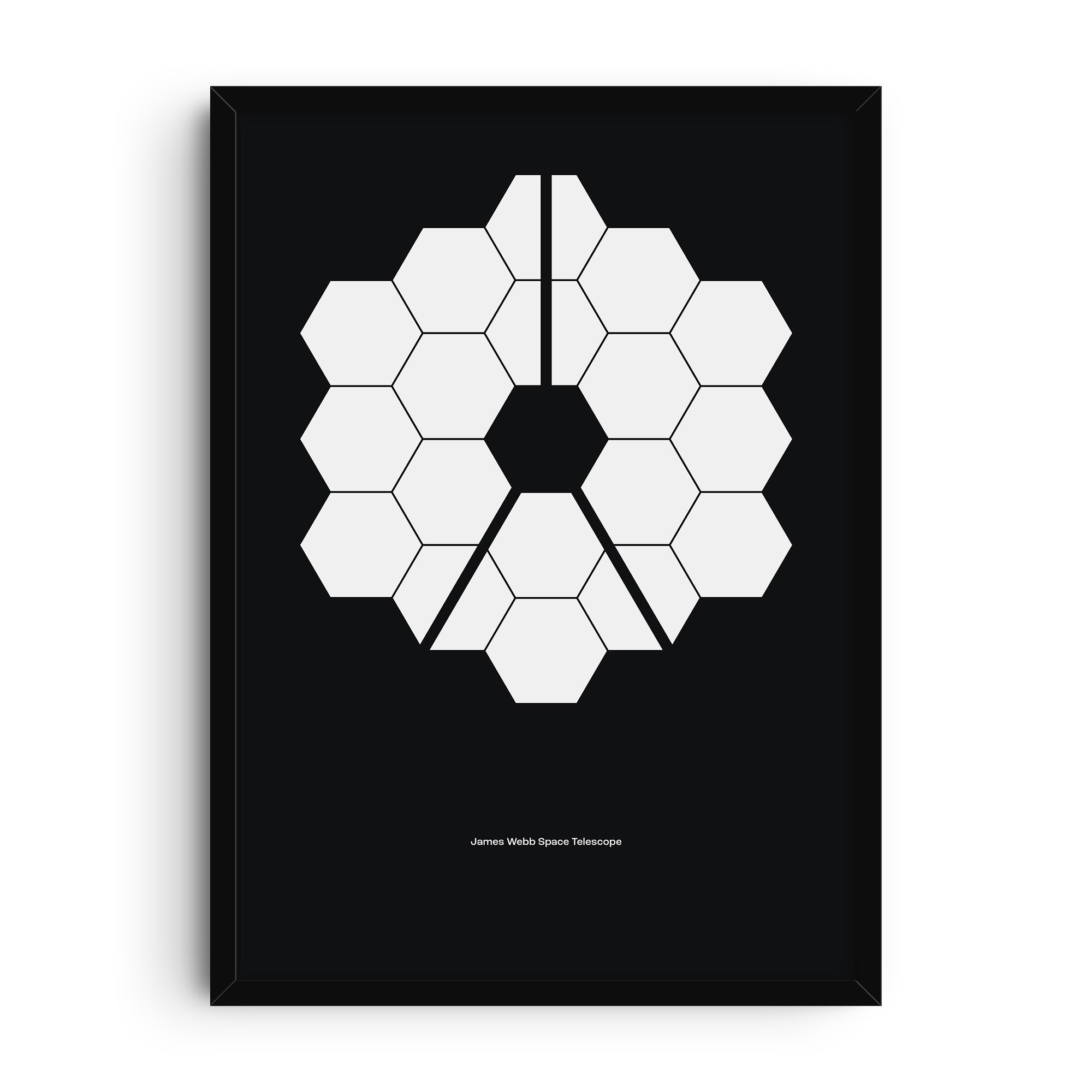 Minimalist graphic print of the James Webb Space Telescope mirror design showing white hexagonal segments arranged in a geometric pattern on a black background.