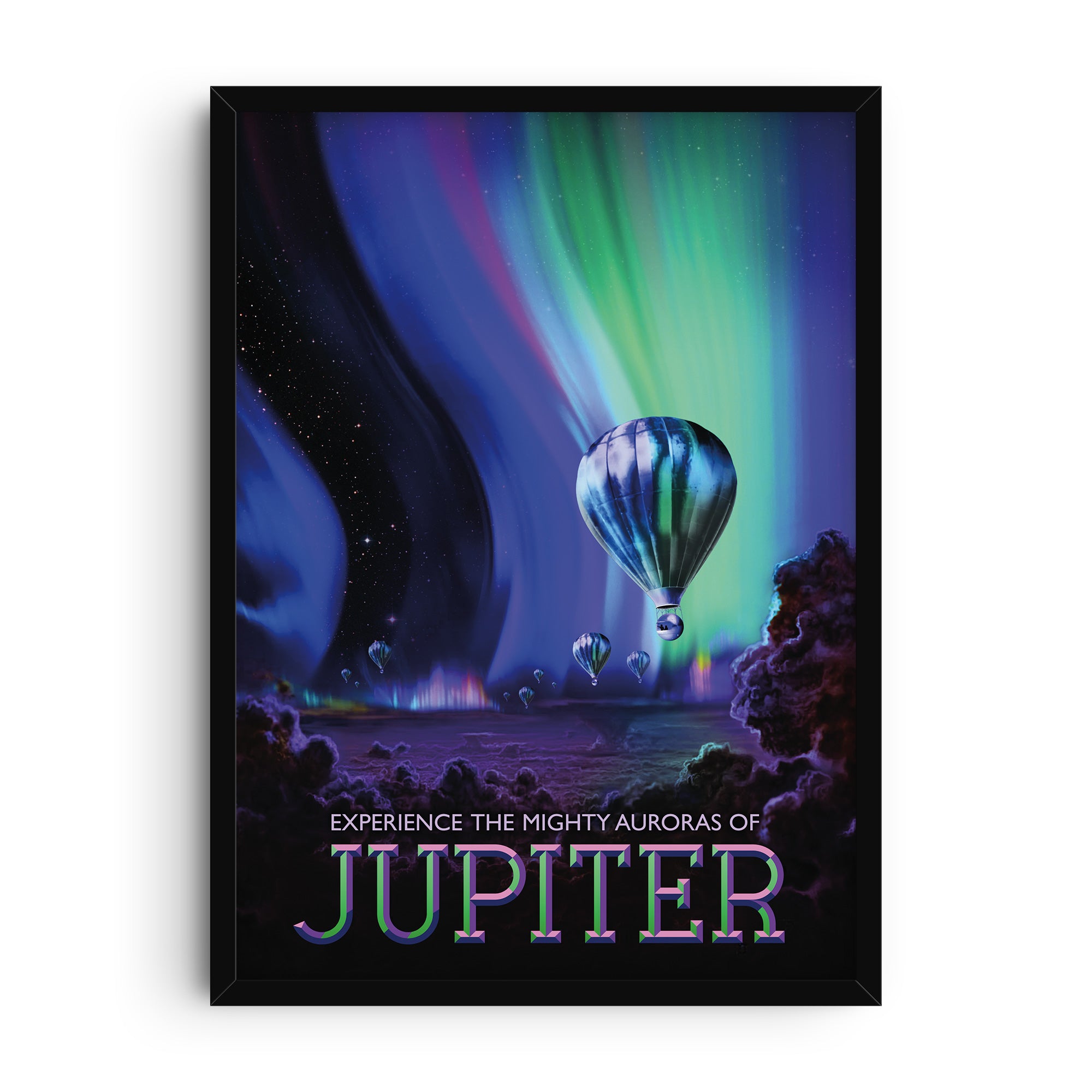 Retro-futuristic art print showing hot air balloons floating under vivid green, blue, and purple auroras in Jupiter’s night sky. The poster features bold typography reading “Experience the mighty auroras of Jupiter,” designed in a vintage travel style with cosmic details and sci-fi atmosphere.