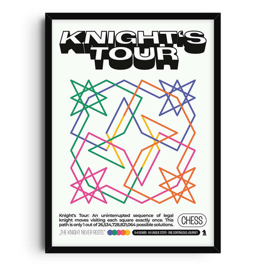 Colorful abstract art print illustrating a Knight’s Tour path on a chessboard using geometric lines and star-shaped intersections, with bold 3D text and chess-themed typography.