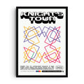 Conceptual art print titled “Knight’s Tour” showing bold typography and colorful geometric line paths representing a knight’s continuous chessboard journey, with descriptive text below.