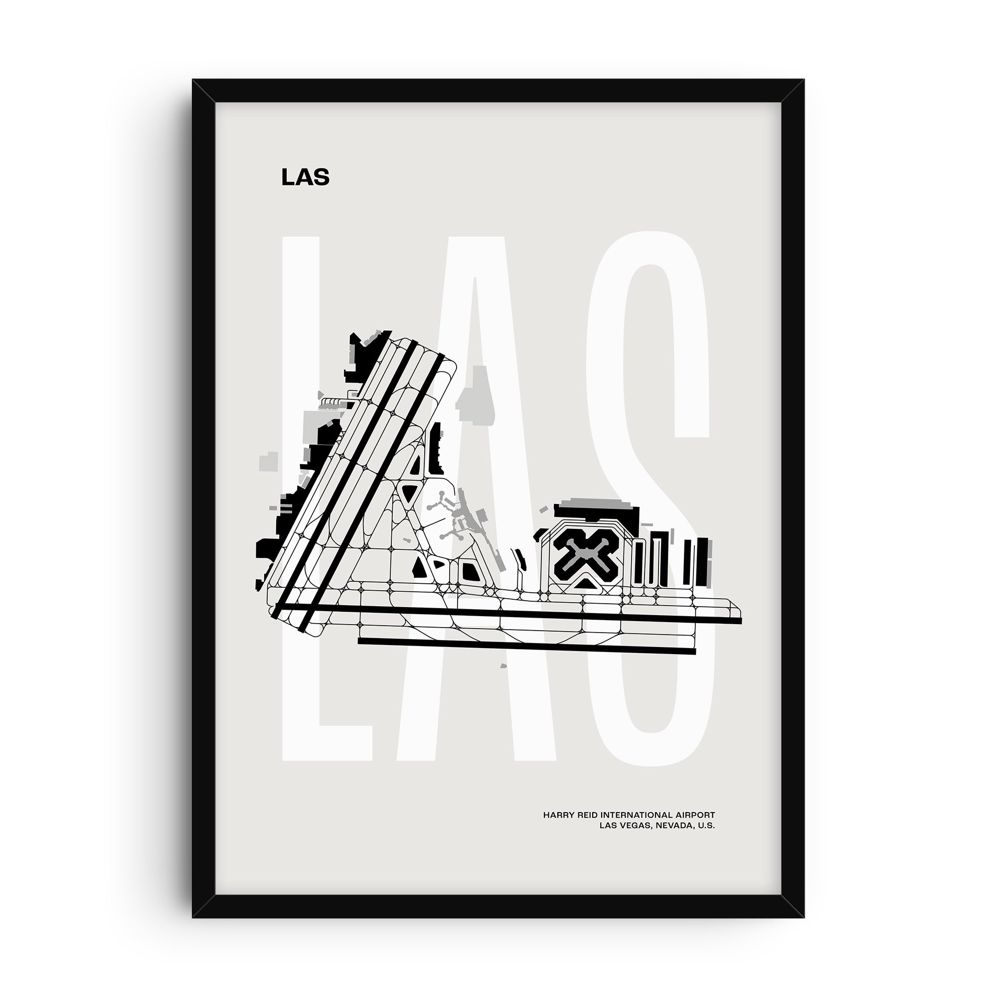 Minimalist black and white airport map print of Harry Reid International Airport (LAS) in Las Vegas, showing runways, taxiways, and terminal layout with bold graphic design.