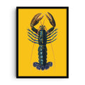 Detailed illustration of a lobster in blue and red tones set against a bold yellow background, creating a vibrant modern art print with strong contrast.