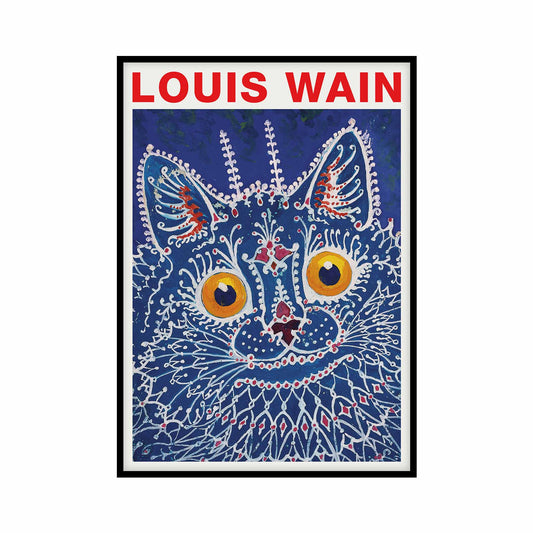 Louis Wain Cat Poster featuring a colorful and intricate cat illustration with bright orange and yellow eyes against a vibrant blue background, perfect for whimsical and bohemian decor.