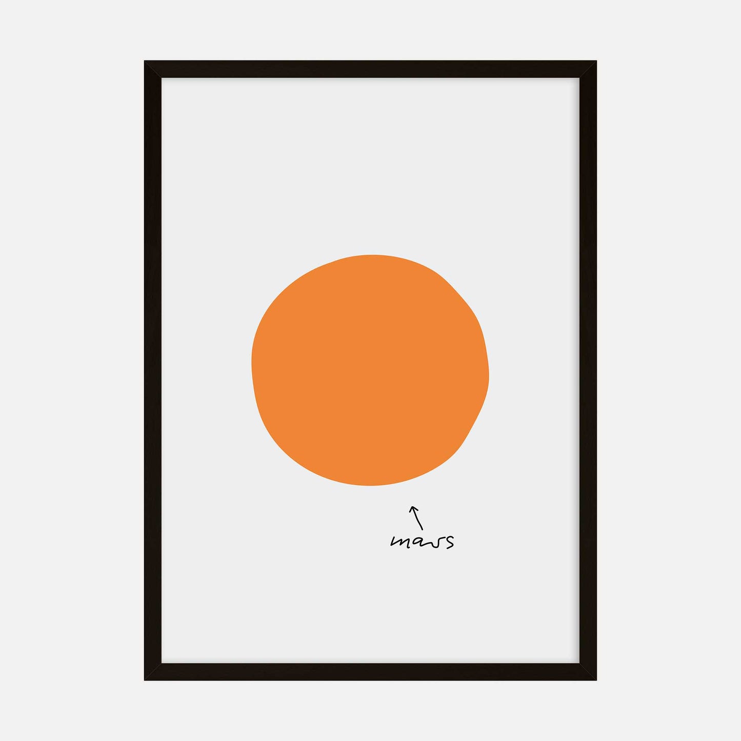 Minimalist art print featuring an abstract orange circle representing the planet Mars with a handwritten label.