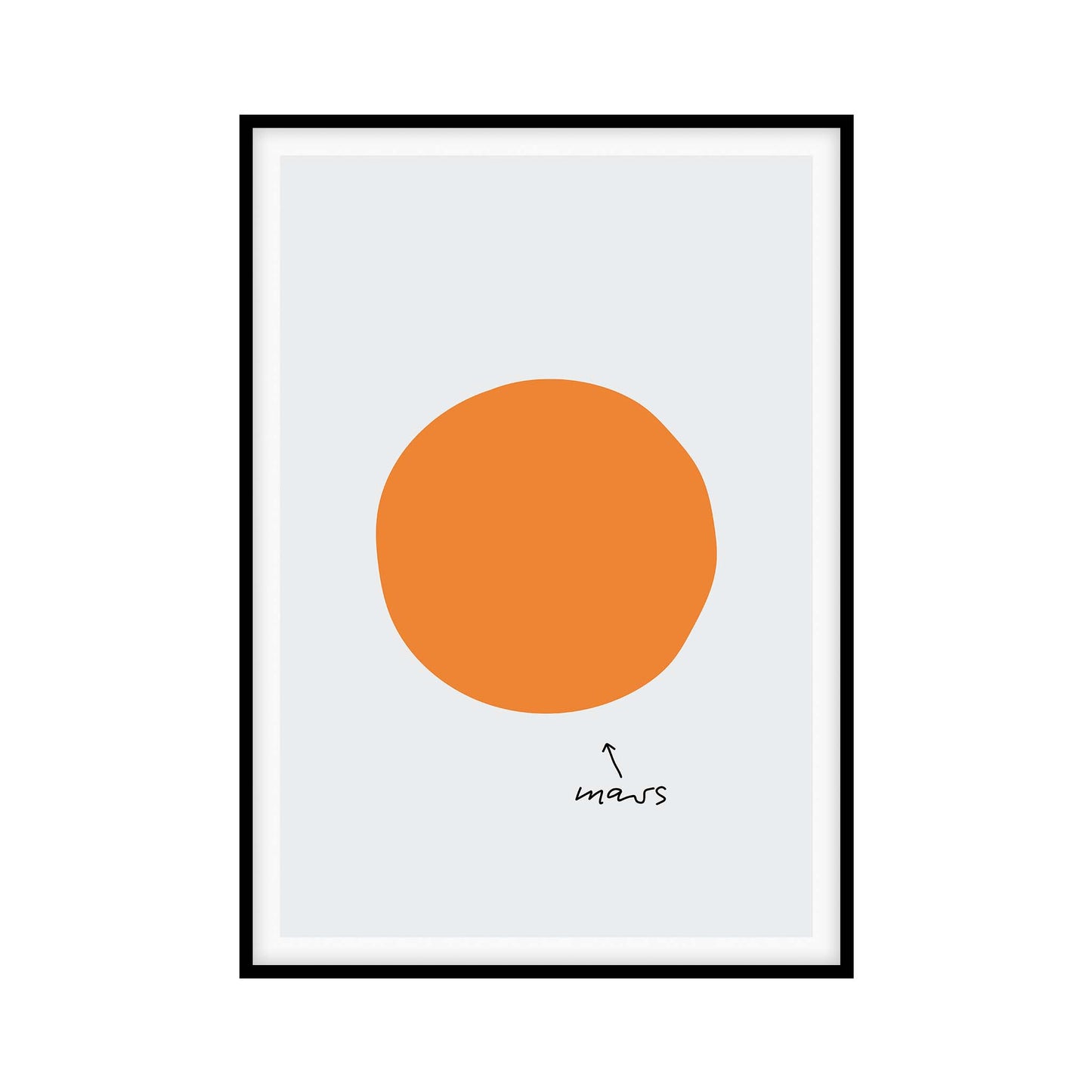 Poster with a very light gray background featuring a big orange hand-drawn circle in the middle. Underneath is a small hand-drawn black arrow pointing at it with handwritten text reading: mars.