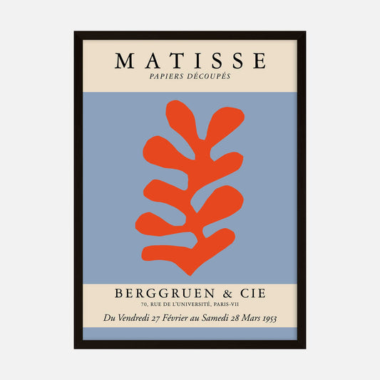 Exhibition art print inspired by Henri Matisse's Papiers Decoupes featuring a vibrant red abstract leaf against a muted blue background with vintage exhibition text.