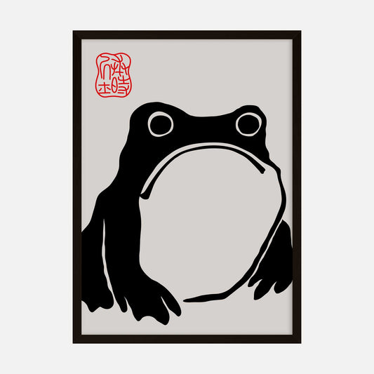 Minimalist black and white art print of a frog with a traditional Japanese seal in red in the upper corner, inspired by Matsumoto Hoji’s style.