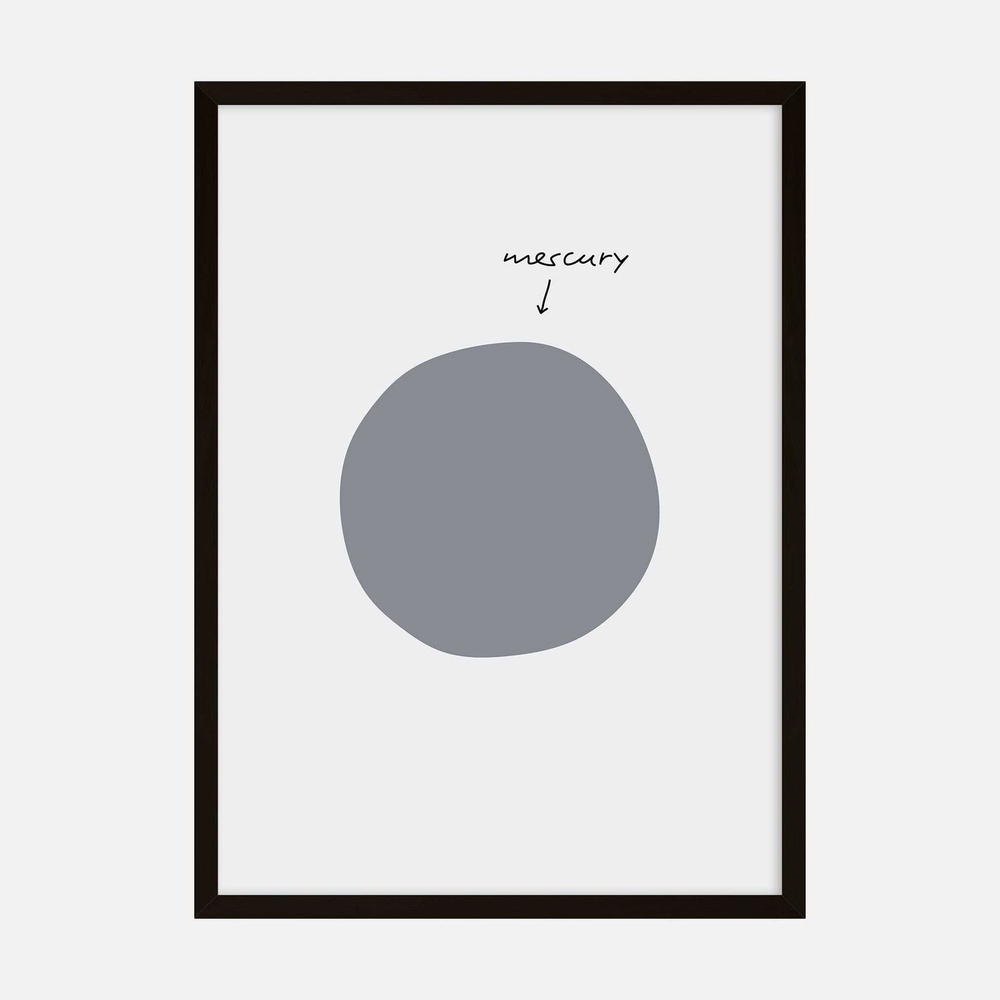 Minimalist art print featuring an abstract grey circle representing the planet Mercury with a handwritten label.