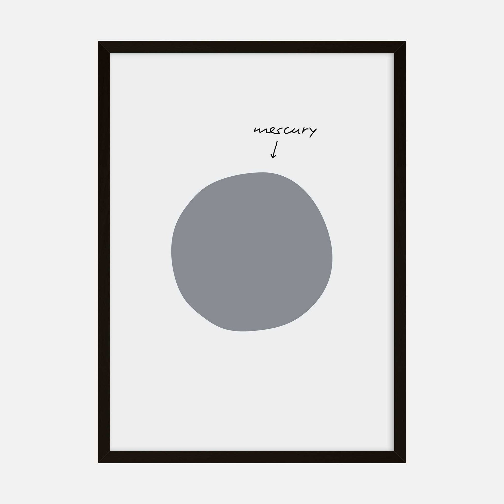 Minimalist art print featuring an abstract grey circle representing the planet Mercury with a handwritten label.