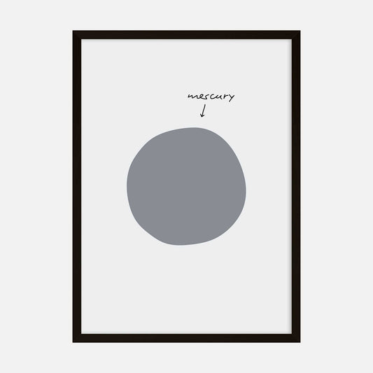 Minimalist art print featuring an abstract grey circle representing the planet Mercury with a handwritten label.