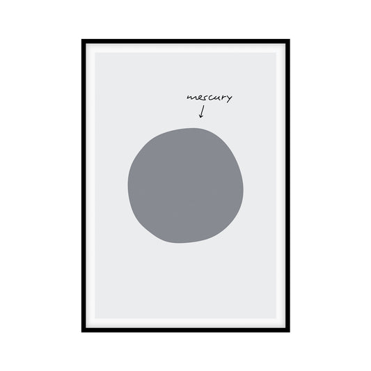 Poster with a very light gray background featuring a big dark gray hand-drawn circle in the middle. Underneath is a small hand-drawn black arrow pointing at it with handwritten text reading: mercury.