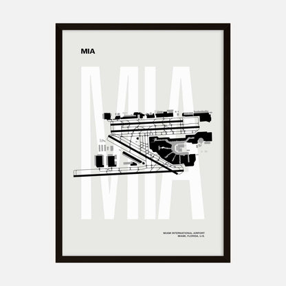 Minimalist art print of Miami International Airport layout with black architectural details on a light background, labeled 'MIA'.