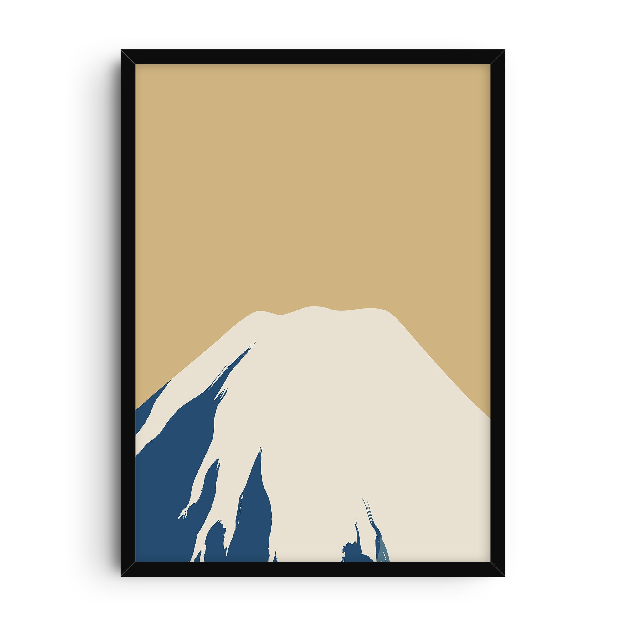Minimalist abstract print of Mount Fuji showing a snow-capped peak in cream and deep blue with a muted beige sky background, inspired by Japanese art style.