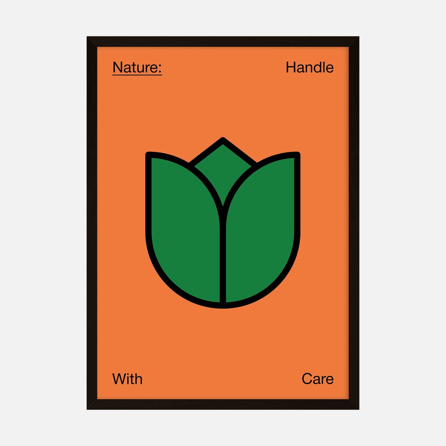 Modern art print with the message "Nature: Handle With Care" featuring a green flower icon on an orange background.