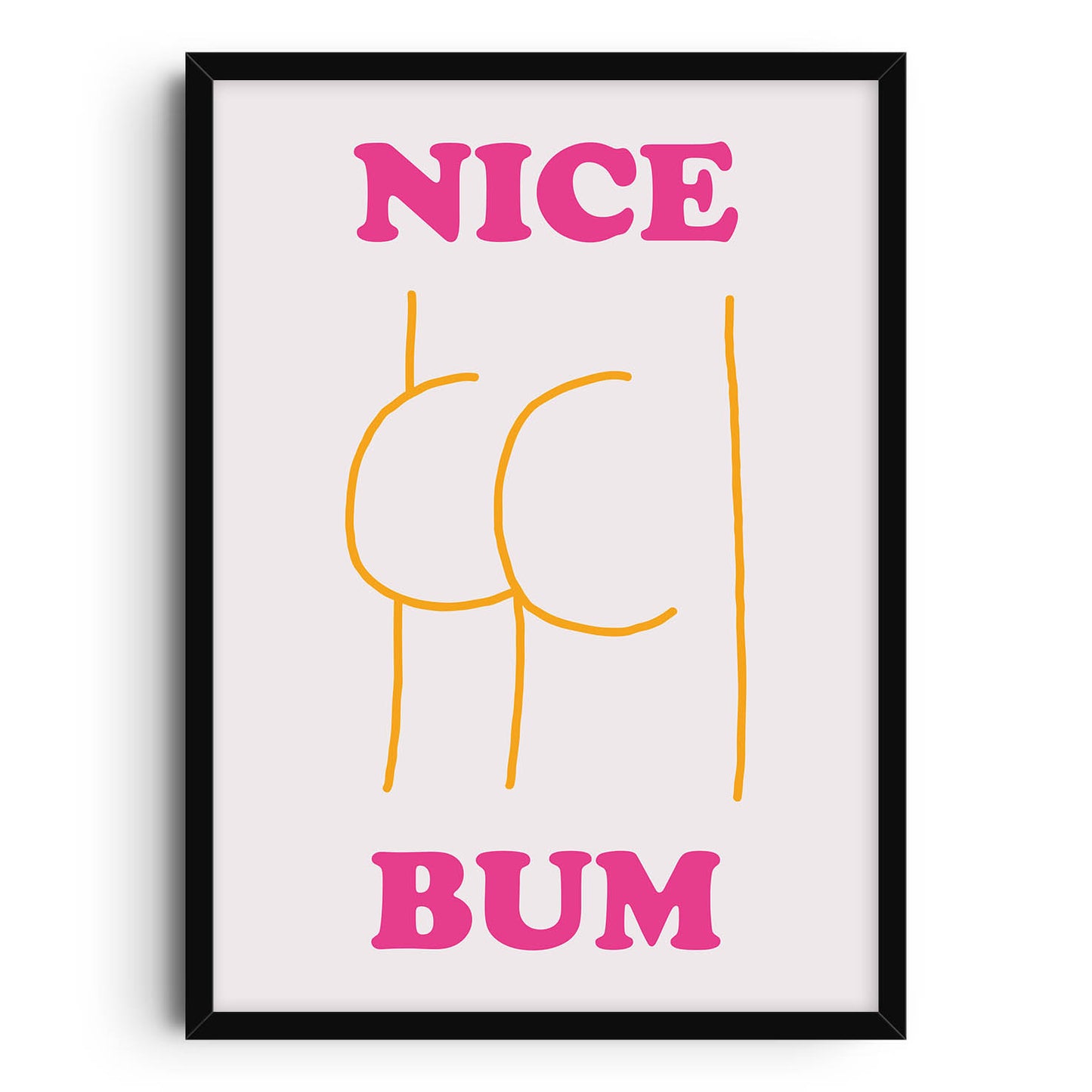 Minimalist art print featuring a humorous abstract line drawing of a bum with colorful typography stating "Nice Bum," ideal for playful home and bathroom decor.